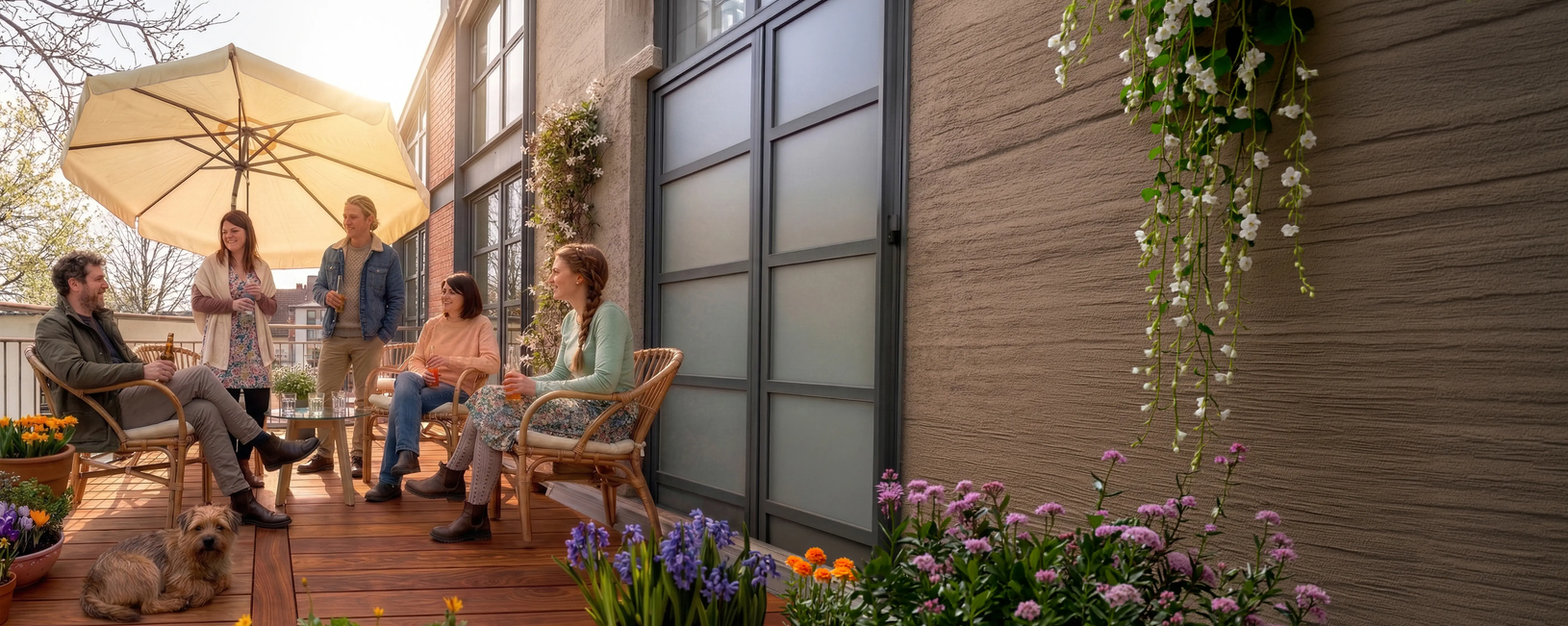 Schneider Schirme Orlando 270 cm Ø in ecru, in use during a relaxed gathering – classic valance, modern crank mechanism. Five people are sitting and standing in the shade of the Orlando parasol (270 cm Ø) on a balcony around a small table, enjoying various drinks together. There are flower pots with flowers on the balcony and a dog is lying nearby. In the background, trees and buildings can be seen.