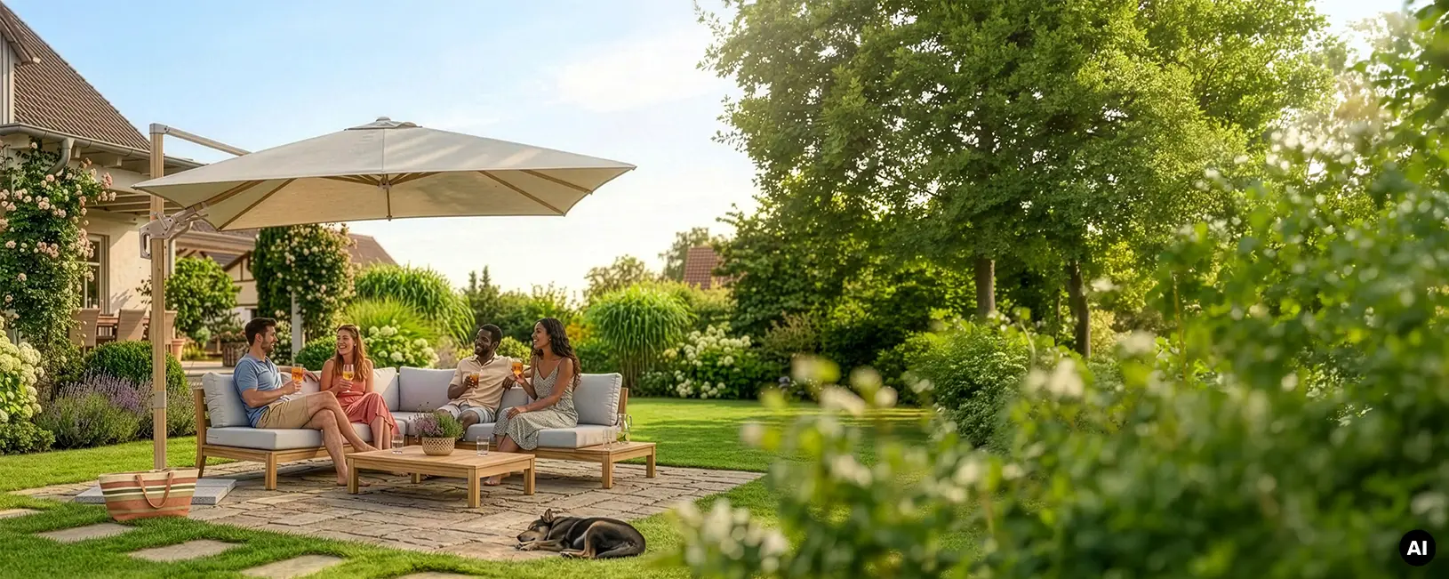 Schneider Schirme Rhodos Twist Loft 300 x 300 cm in ecru in use. (AI-generated image) People are sitting on a lounge under the Schneider parasol Rhodso Twist Loft 300 x 300 cm in the garden, enjoying drinks. In the foreground, a dog is lying on the ground asleep. Various plants and houses can be seen in the background. AI-generated image.