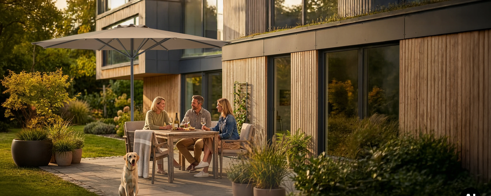 Schneider Schirme Korsika 320 cm ⌀ in ecru in use. (AI-generated image) People are sitting at a dining table under the Schneider Korsika 320 cm ⌀ parasol on the terrace. A dog is sitting on the ground in the foreground. Various plants and a house can be seen in the background. AI-generated image.